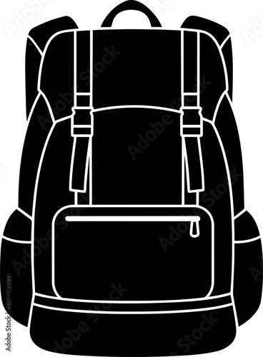 Black and White Backpack Illustration with Straps and Zippered Pocket