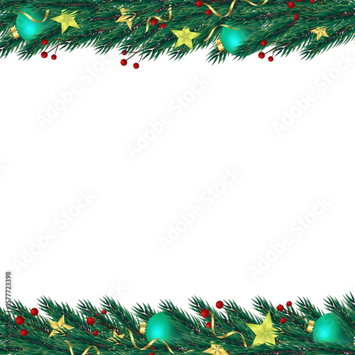 Festive christmas garland with ornaments stars and berries on black background