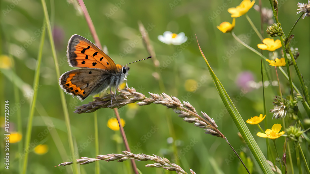Obraz premium Close up of a copper butterfly resting on grass in a field with yellow flowers in the background