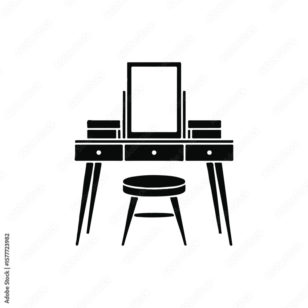 Elegant Black Vanity Table with Mirror and Stool Silhouette Illustration Design Elegant Black Vanity Table with Mirror and Stool Silhouette Illustration Design