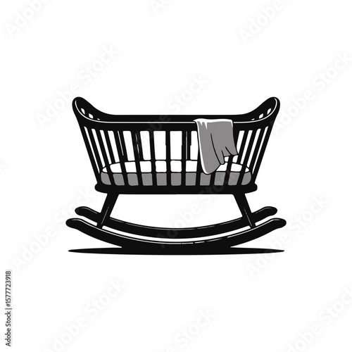 Dark Wooden Rocking Cradle with White Mattress and Gray Blanket Icon Style Illustration