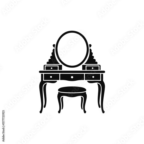 Detailed Silhouette of an Ornate Vanity Table with Mirror and Small Stool