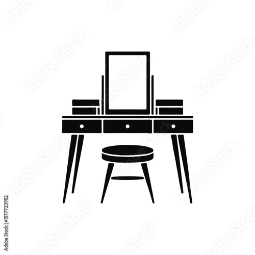 Elegant Black Vanity Table with Mirror and Stool Silhouette Illustration Design