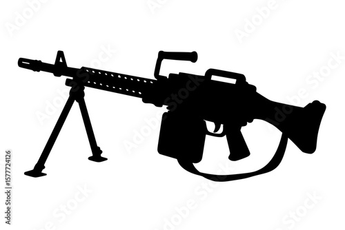 Silhouette of a military machine gun, black color isolated on white background