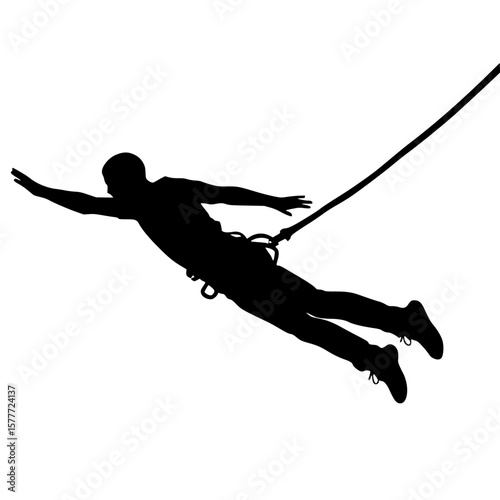 Silhouette of a person bungee jumping against a white background