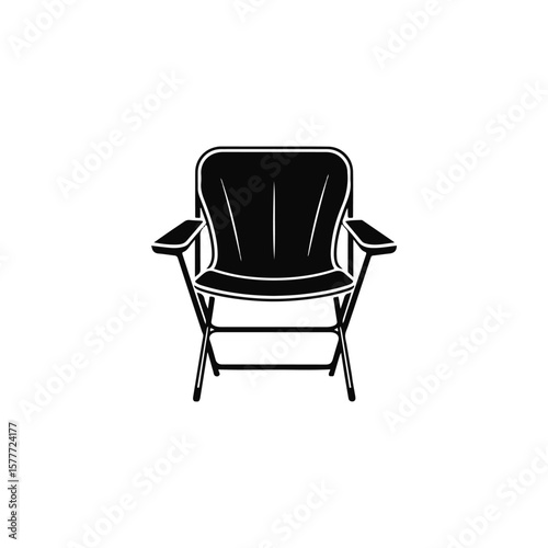 Silhouette of a black folding chair with armrests, isolated on a white backdrop