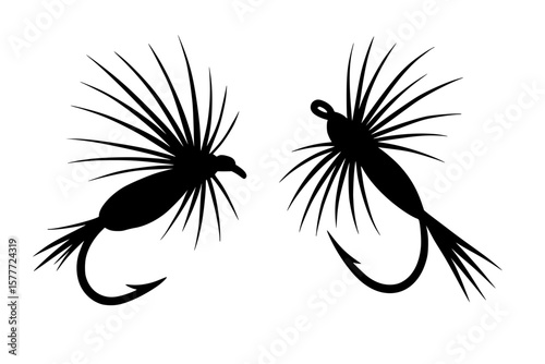 Silhouettes of fishing flies, black color isolated on white background