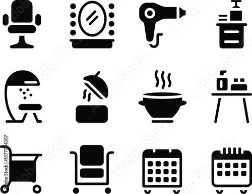 Collection of twelve black icons representing beauty salon and spa services and equipment