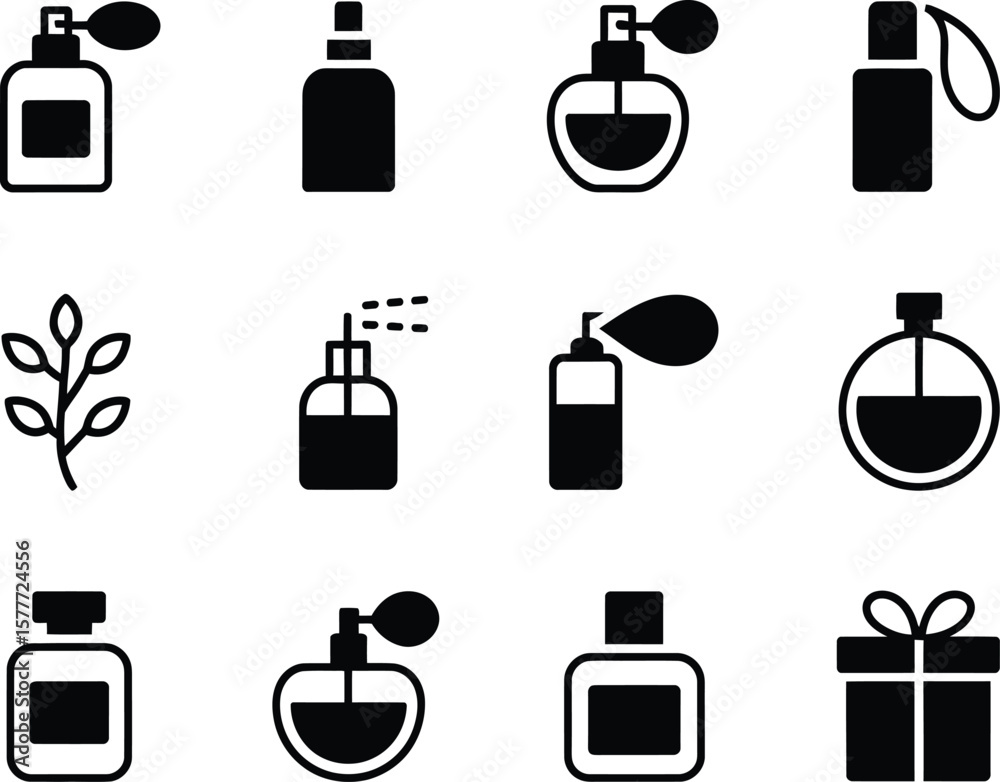 Collection of perfume bottle and gift icons in a clean black and white graphic style Collection of perfume bottle and gift icons in a clean black and white graphic style