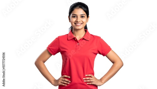 Young woman in red polo shirt