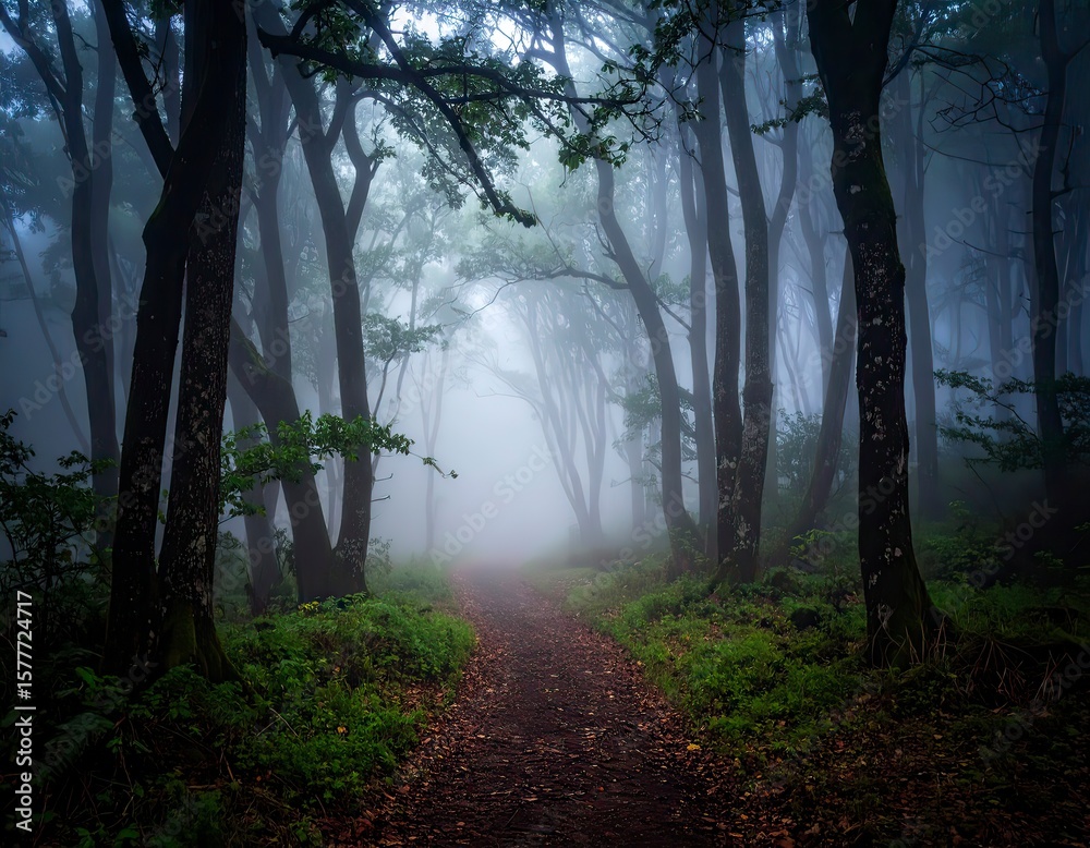 Obraz premium Mystical Forest Path through Foggy Woodland