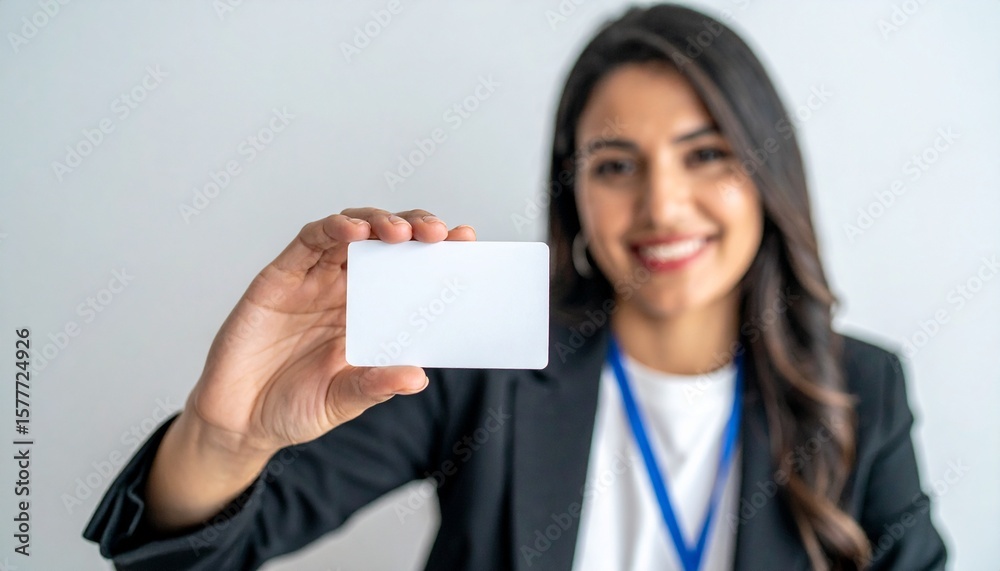 Businesswoman holding blank business card, a professional, well-dressed individual presenting an empty white card. Her warm smile and confident demeanor project a positive image Businesswoman holding blank business card, a professional, well-dressed individual presenting an empty white card. Her warm smile and confident demeanor project a positive image