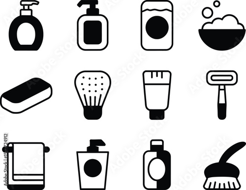 Collection of black and white icons representing various bathroom and personal hygiene items