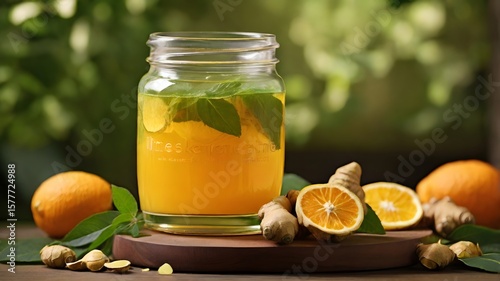 Refreshing ginger and orange infused water in a glass jar with basil leaves