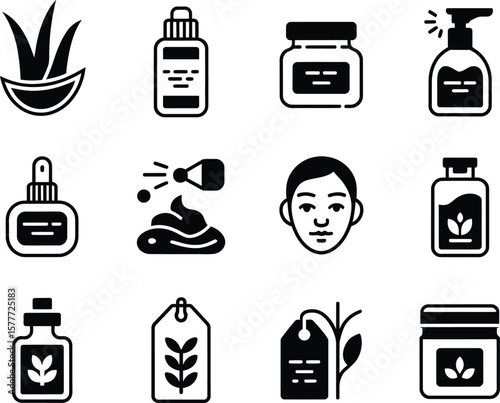 Collection of skincare and beauty product icons including aloe vera and natural ingredients