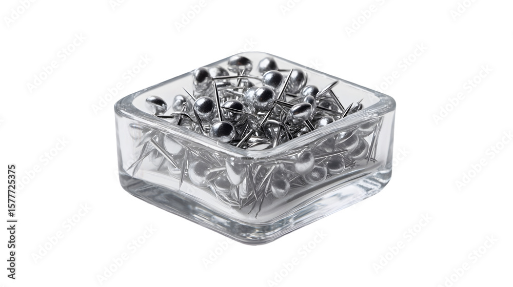 Fototapeta premium A clear glass container filled with silver push pins on a transparent background in a studio setting