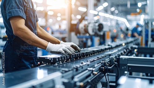 A worker meticulously inspecting and handling components on a conveyor belt within a modern manufacturing facility. The scene captures the essence of industrial processes and production