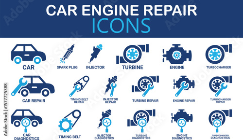 Car engine repair icons, such as turbocharger diagnostics, fuel injector, turbine, spark plug, and more. Vector illustration. Easily changes to any color.