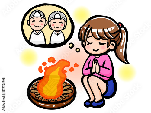 お盆に迎え火と送り火をして先祖を弔う女性のイラスト素材