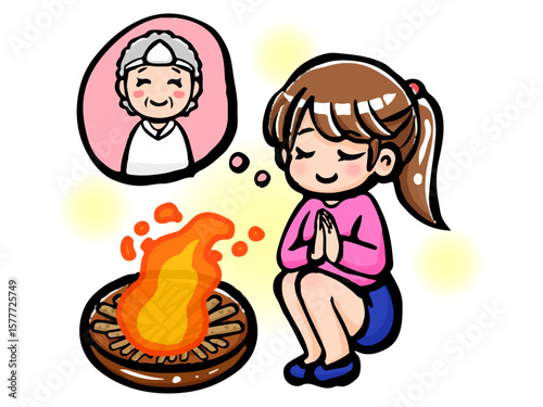 お盆に迎え火と送り火をして先祖を弔う女性のイラスト素材2