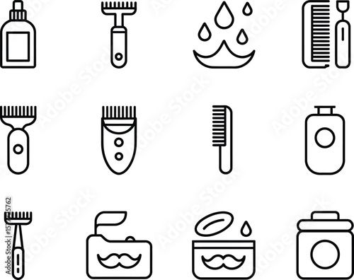 Collection of black line icons representing grooming and personal care products