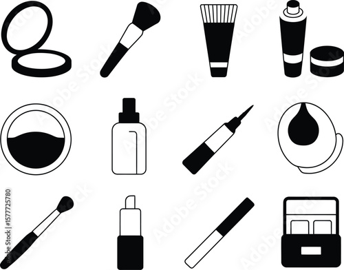 Collection of black and white icons representing various makeup products and tools