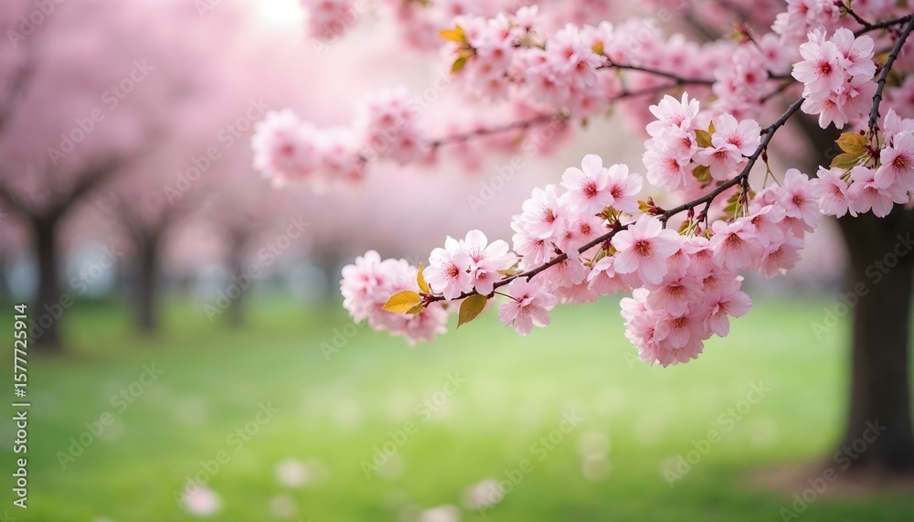 Fototapeta premium HD photography of a blooming cherry blossom tree in spring, branches filled with clusters of soft pink flowers, petals gently falling onto a lush green lawn. The background is softly blurred, creating