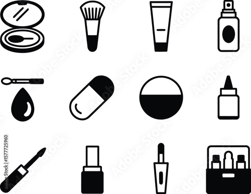 Collection of black and white icons representing various makeup and cosmetic products