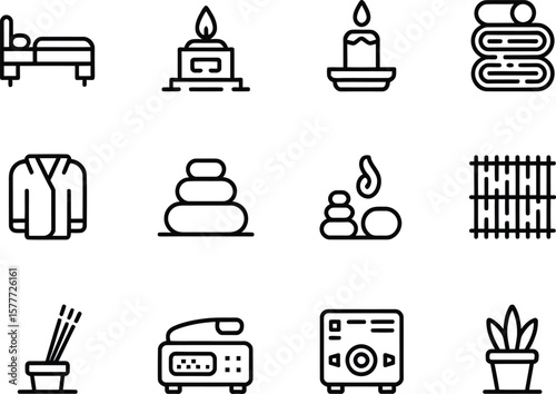 Collection of spa and wellness icons including massage bed candle and stacked towels
