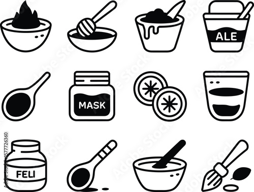 Collection of simple black and white icons related to food and drink preparation