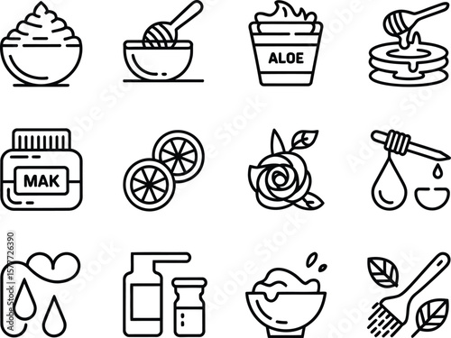Collection of line art icons representing natural skincare ingredients and beauty treatments