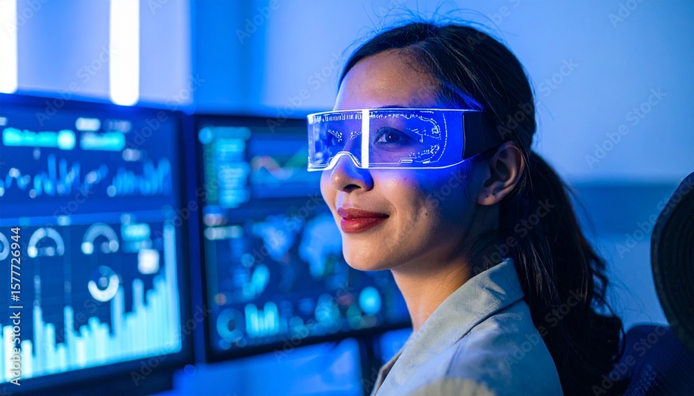A woman wears futuristic glasses with glowing displays in front of a computer