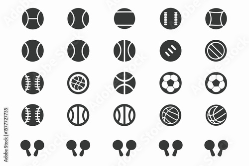 Collection of Sport Ball Icons and Table Tennis Paddles