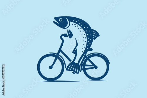 Fish riding bicycle, bold graphic style, vector illustration