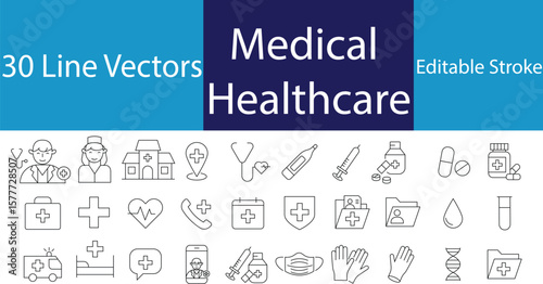 Medical healthcare line icon set. Vector pictograms of doctor, thermometer, nurse, pills, medicines, records, cross, stressed heart, blood test, ambulance, bed, teleconsultation, linear illustrat
