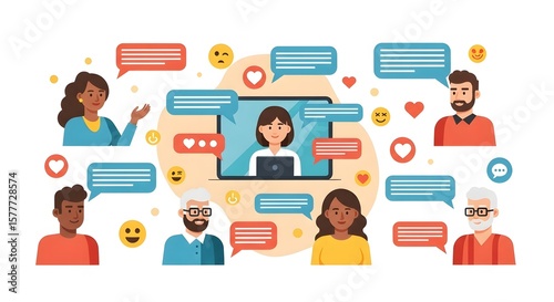 Diverse people communicating online via social media chat and video call with messages, hearts, and emojis. Flat vector illustration of global networking.