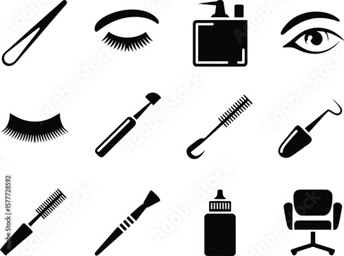 Collection of black cosmetic and beauty icons on a white background