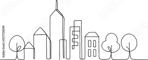 City Skyline Architecture Line Drawing with Trees on White Background