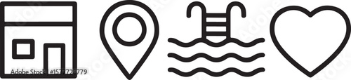 Outlined Icons Suggesting Home, Location, Swimming Pool, and Favorites Representing Amenities or Preferences in Real Estate or Travel Applications