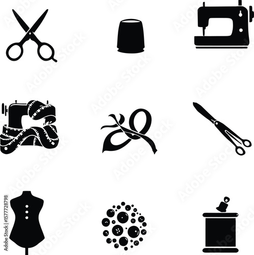 Sewing tailoring tools and equipment vector icon set silhouette design for fashion and handmade projects