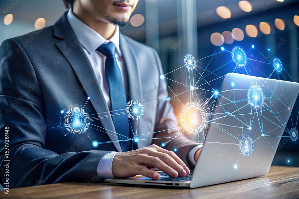 Obraz premium AI automation and API automation. Data transfer through system integration. Intelligent process automation technology solutions. Businessman using laptop computer for managing automation technology.