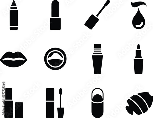 Collection of black makeup icons representing beauty products and application tools