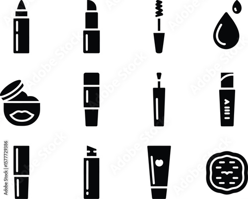 Collection of twelve black cosmetic product icons on a white background