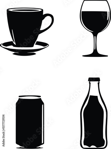 Black and white beverage icons: coffee, wine, soda can, bottle vector illustration graphic design 100