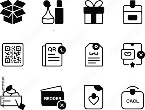 Set of twelve flat design icons representing delivery shopping and digital services