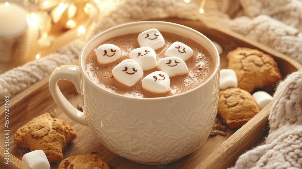 Fototapeta premium Cozy Hot Chocolate with Cute Marshmallows and Cookies on a Tray