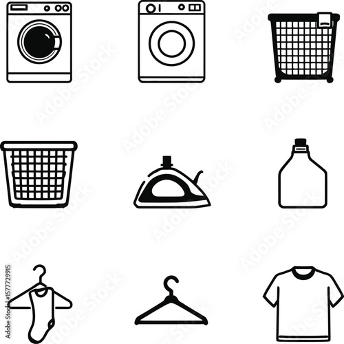 Laundry room essentials vector icons washing machine iron clothes basket detergent hanger shirt sock clean 100