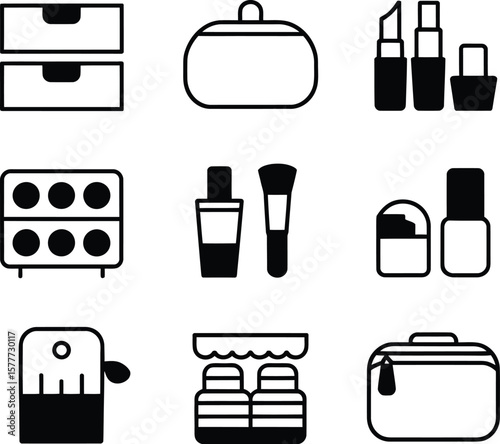 Collection of black and white icons representing various makeup and beauty products
