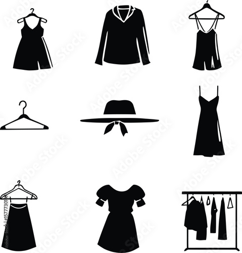Fashionable clothing apparel vector icons dresses shirts hats and hangers wardrobe collection design set