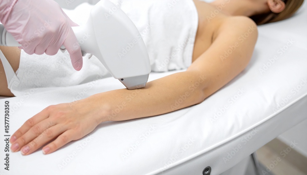 Naklejka premium Laser hair removal treatment on woman arm. The woman arm laid on a white table and the person who wear pink glove holding laser device 